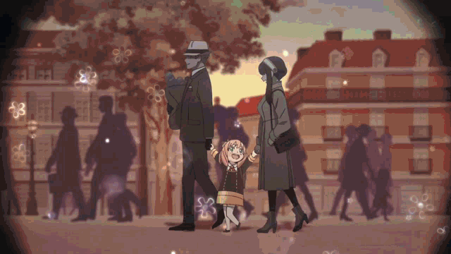 a man and woman are walking with a little girl in a city