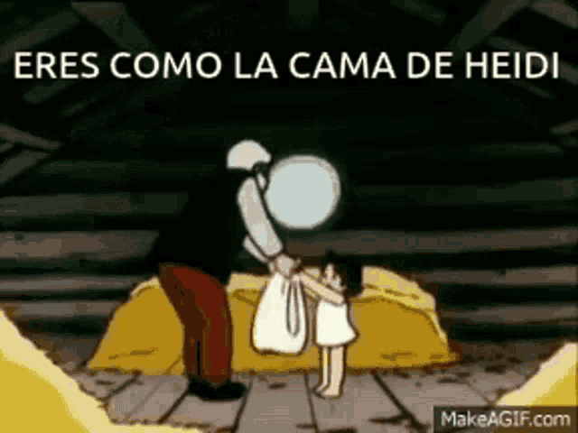 a cartoon of a man standing next to a little girl with the words " eres como la cama de heidi "