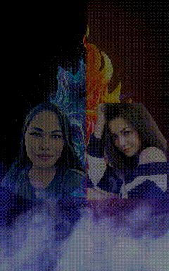 two women are standing next to each other in front of a dark background