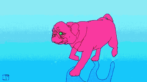 a drawing of a pug with a blue eye