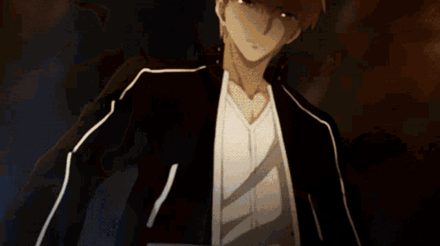 a man with red eyes is wearing a black jacket and a white shirt