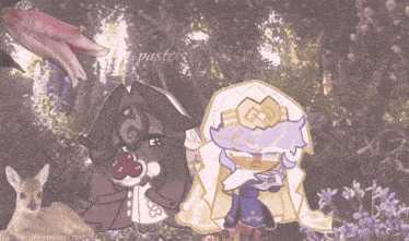 a couple of cartoon characters standing next to each other with the words pastryforest canon on the bottom right