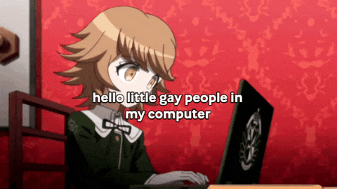 a cartoon girl is typing on a laptop with the words hello little gay people in my computer below her