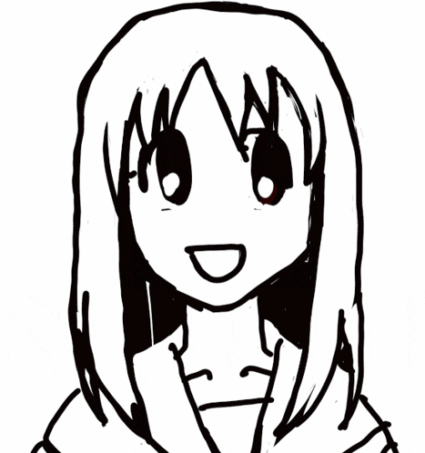 a black and white drawing of a girl with long hair smiling