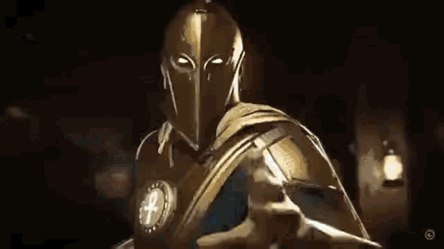 a man in a knight 's armor is standing in a dark room with a lantern in the background .