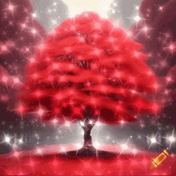 a tree with red leaves is surrounded by red stars and sparkles .