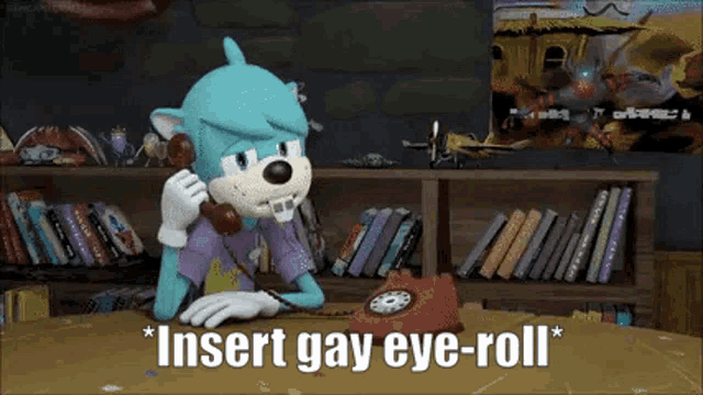 a cartoon character is talking on a red telephone and says insert gay eye roll .