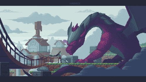 a pixel art drawing of a dragon and a knight with the name kirdrakze at the bottom