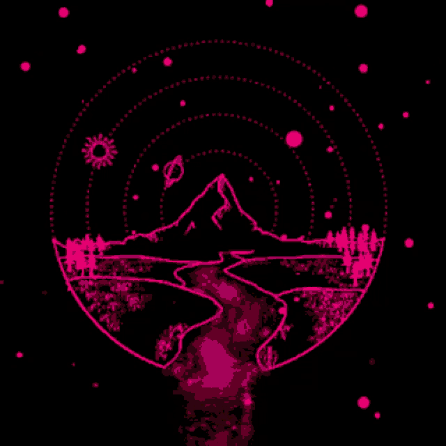 a drawing of a mountain and a river in a circle with stars in the background