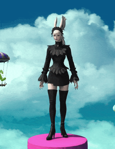 a woman in a black dress with bunny ears is standing on a pink pedestal