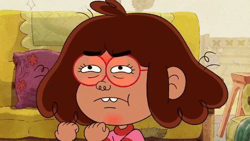 a cartoon of a girl with glasses making a face