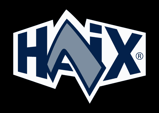 a blue and white logo for haix with a r on it