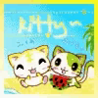 two cats are sitting next to each other on the beach eating watermelon .