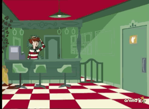 a cartoon of a man standing at a counter with anima kids written on the bottom right corner