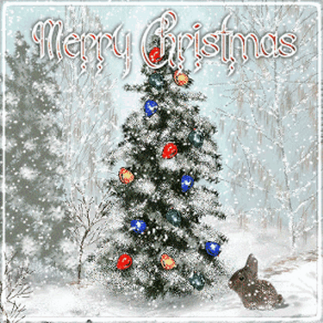 a merry christmas card with a snowy christmas tree