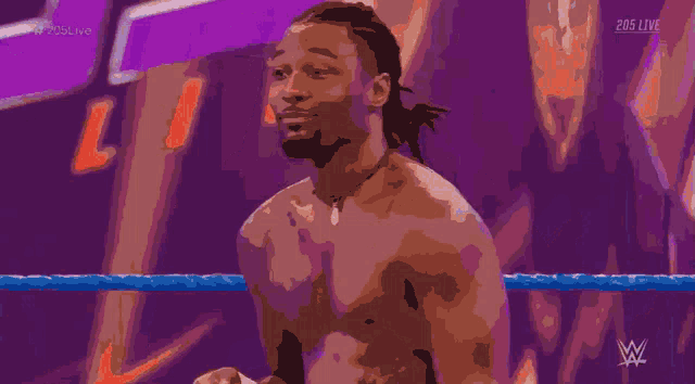 a shirtless wrestler stands in a wrestling ring with 205 live written on the bottom
