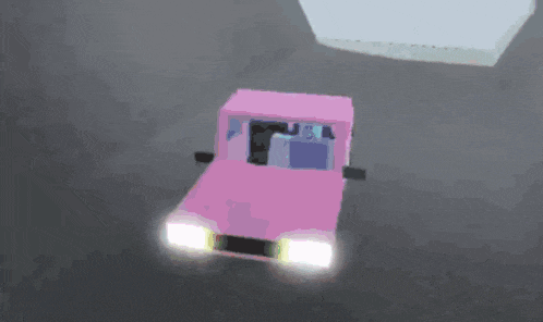 a pink car with a license plate that says ' a ' on it is driving down a road