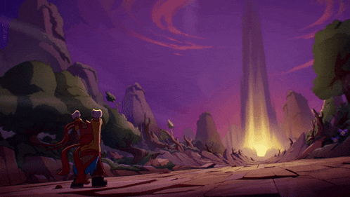 a cartoon of a man standing in front of a purple sky with a yellow light coming out of it