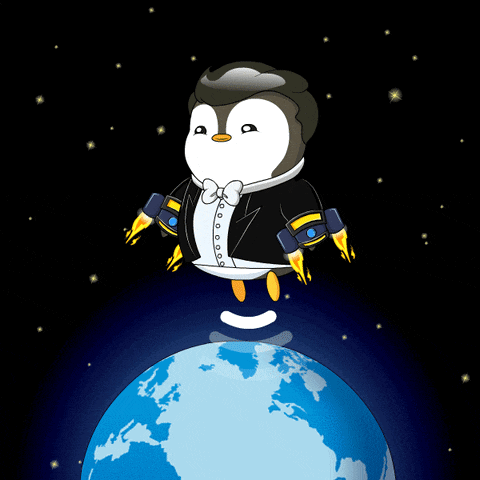 a penguin in a tuxedo is flying around the earth