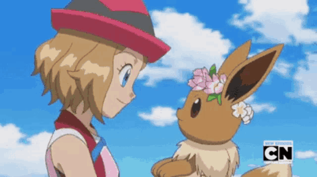 a cartoon of a girl holding an eevee with a flower crown