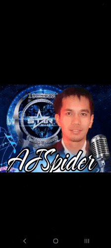 a man is standing in front of a microphone with the name a spider on the bottom