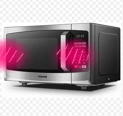 a stainless steel toshiba microwave with a pink light coming out of it