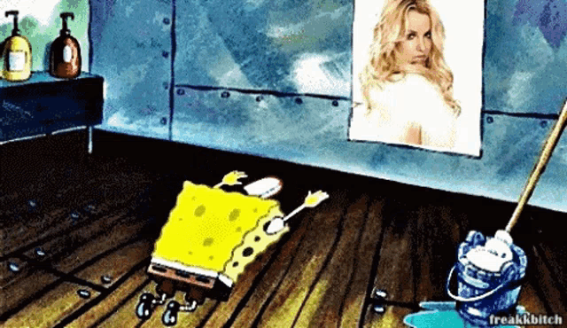 a cartoon of spongebob and a mop with a picture of britney spears behind him