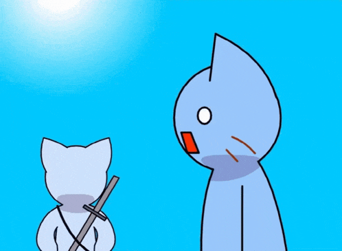a cartoon of a cat with a sword standing next to another cat with a surprised look on its face