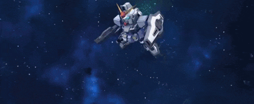 a robot is flying through the air with a shield on its back .