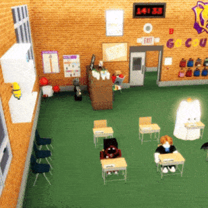 a classroom with a digital clock that says exit on it