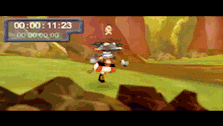 a cartoon character is running in a video game with a timer that says 00:00 11:23