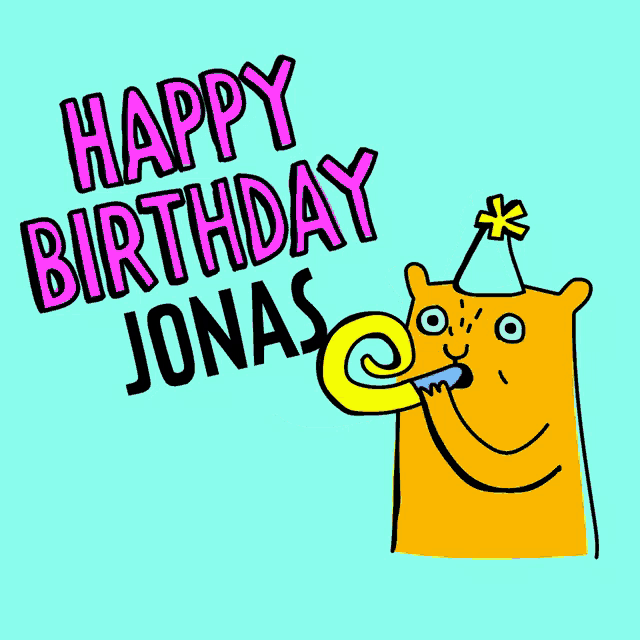 a happy birthday card for jonas with a cartoon character blowing a party horn