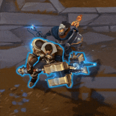 a video game character is holding a hammer and a sword