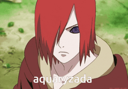 a cartoon character with red hair and purple eyes has the word aquaryzada on the bottom