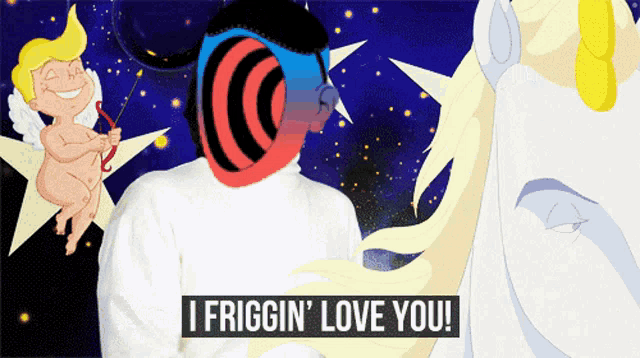 a cartoon says i friggin ' love you with a cupid behind him