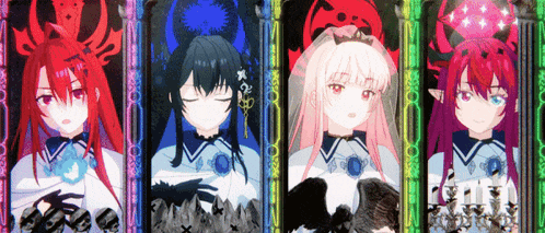 four anime characters are lined up in a row and one has the word love on her head
