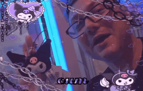 a man wearing glasses is surrounded by chains and purple hearts and the word cum is on the bottom right