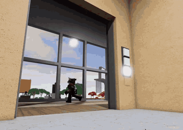 a cartoon character is walking through a doorway with a city in the background