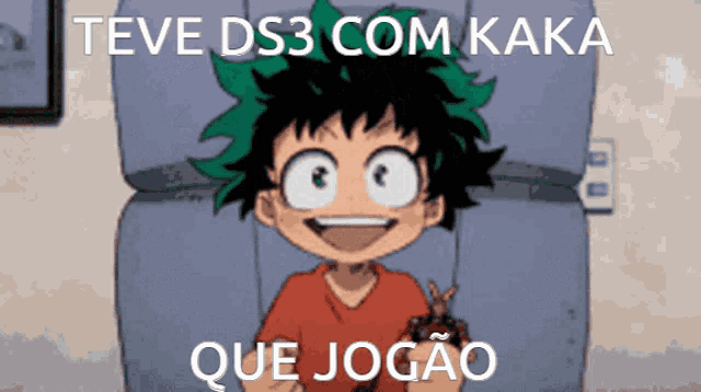 a cartoon of a boy with green hair and the words " teve ds3 com kaka que jogao "