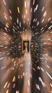a picture of a man in a frame is flying through a tunnel