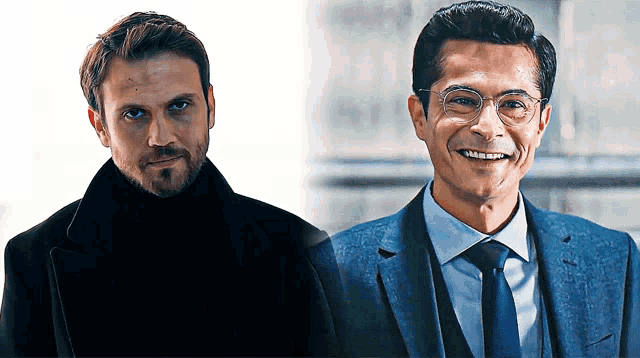 a man in a suit and tie smiles next to another man