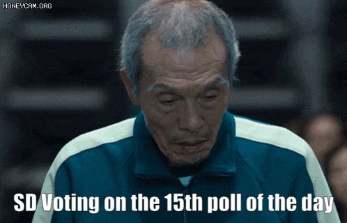 a man in a blue and white tracksuit says " sd voting on the 15th poll of the day "