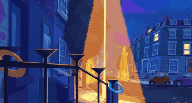 a pixel art drawing of a city street with a car parked in front of a building