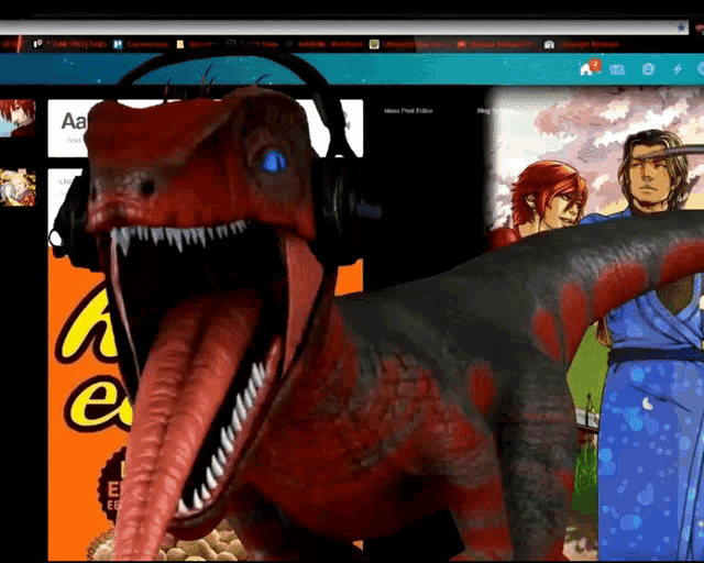 a red dinosaur wearing headphones is standing in front of a peanut butter advertisement