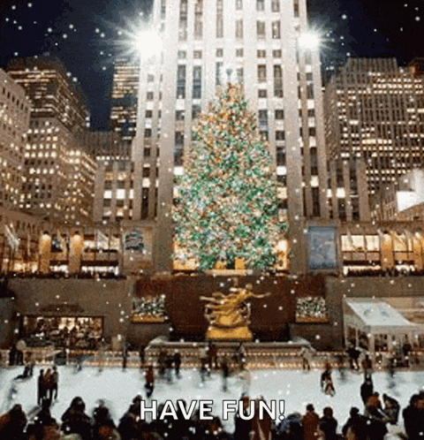 people are ice skating in front of a christmas tree with the words have fun written below it