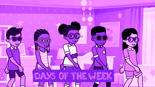 a group of children are dancing in a room with the words days of the week written on the bottom