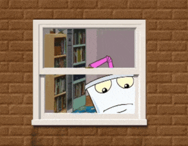 a cartoon character is looking out a window at a brick wall
