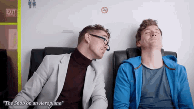 two men are sitting next to each other on an airplane with the words " the snob on an aeroplane " below them