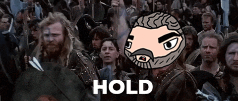 a cartoon of a man with a beard is surrounded by a crowd of people and the word hold is on the bottom right