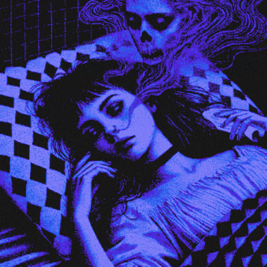 a pixel art of a woman laying in bed with a skeleton coming out of her head